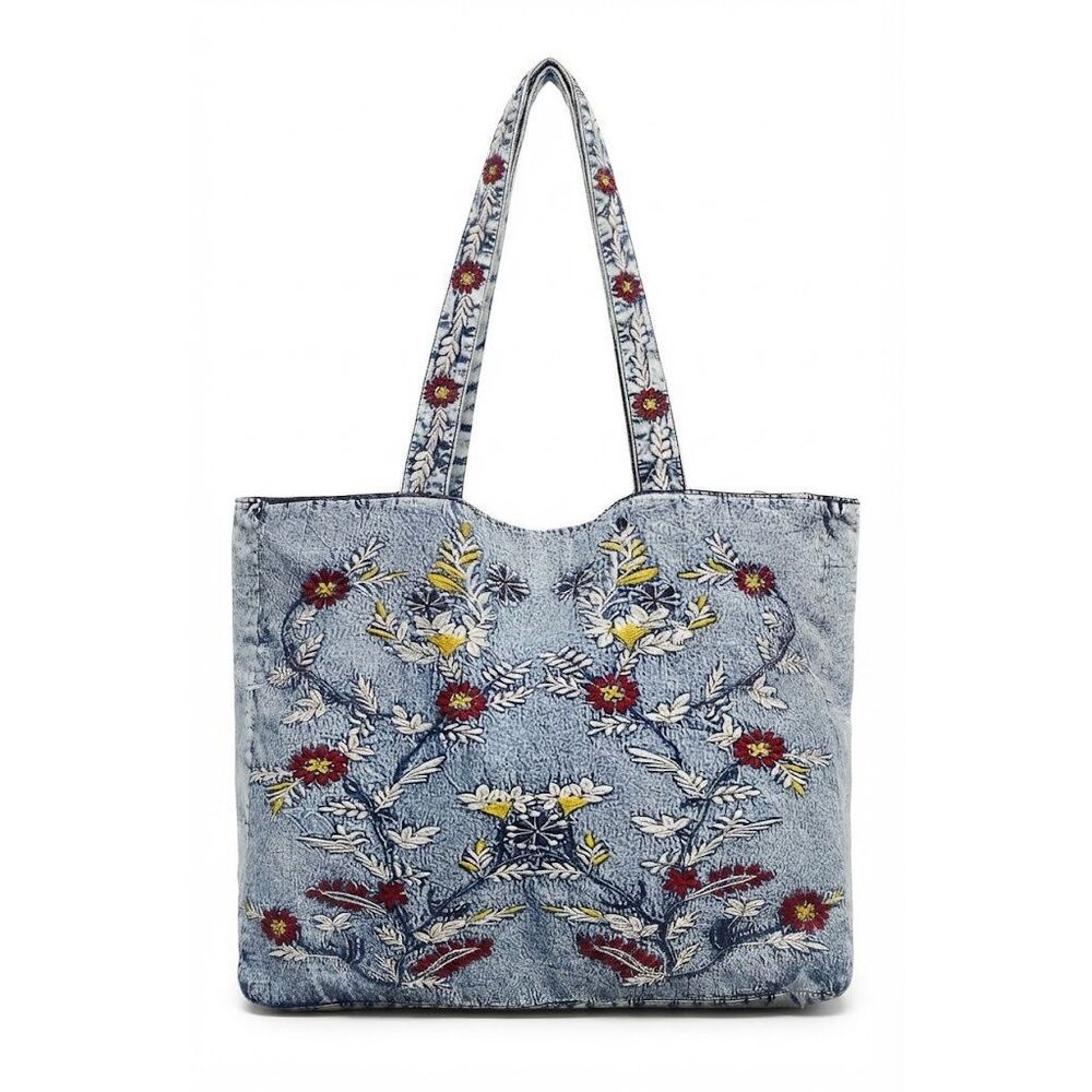 #267. POL Denim Embroidered Floral Acid-Wash Tote Bag NWT